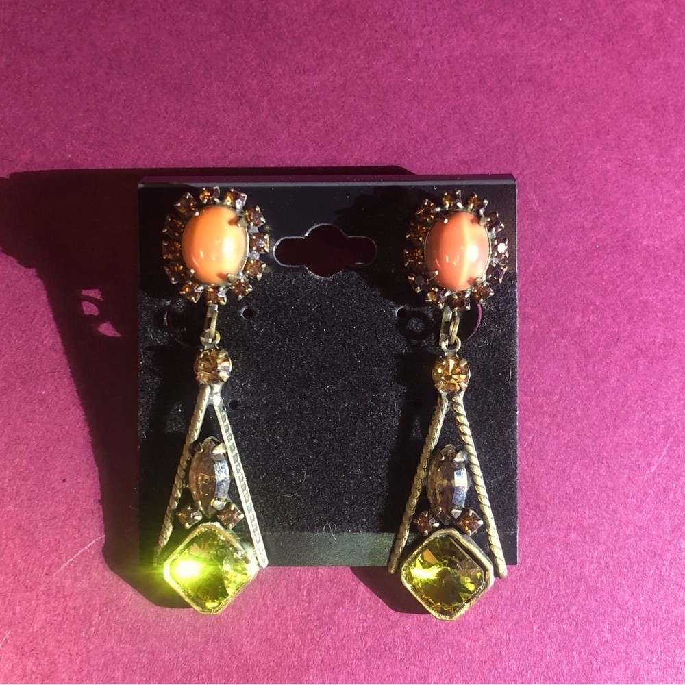 Designer Sorrelli Bronze- Tone Crystal Cut Stone Clip On Drop Earrings